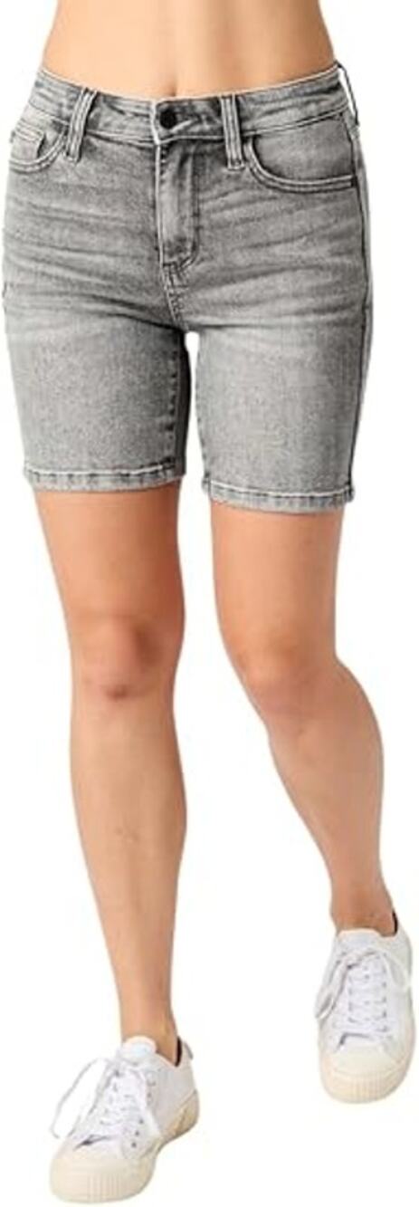 NWT Judy Blue Bermuda Shorts Womens M Gray Acid Wash Denim Mid Rise Stretch Logo